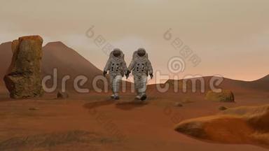 两名身穿太空服在火星表面行走的宇航员。 探索火星任务。